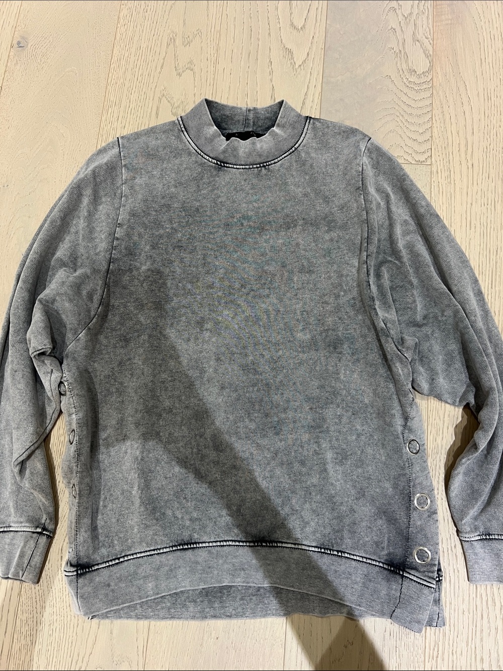 AllSaints Washed Grey Crewneck Sweatshirt with Side Buttons